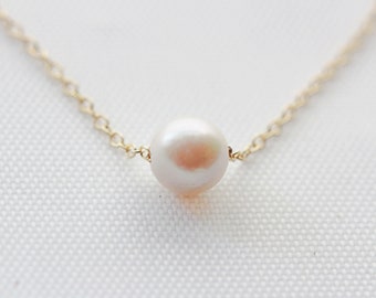 Akoya Pearl Necklace: 14k Gold Floating Pearl, Minimalist Jewelry