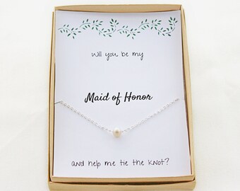 Maid of Honor Gift: 14K Gold / Sterling Silver Pearl Necklace Proposal, Minimalist