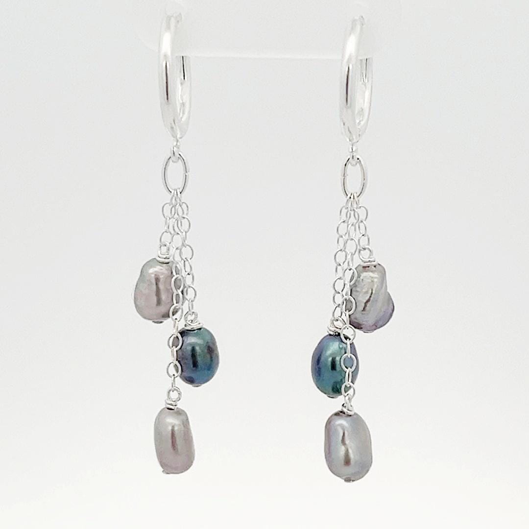 Black Pearl Earrings, Gray Pearl Earrings, Freshwater Pearls, Real Pearl Earrings, Sterling Silver  Pearl Drop Earrings, Pearl Huggies