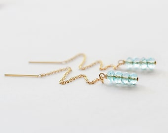 Blue Topaz Threader Earrings, 14K Gold Filled, November Birthstone Earrings, Topaz Earrings Dangle, Blue Topaz Earrings, Natural Topaz