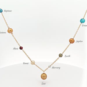 Puede incluir: Un collar de cadena dorada con cuentas de varios colores que representan el sistema solar. Las cuentas están etiquetadas como Neptune, Saturn, Mars, Venus, Sun, Mercury, Earth, Jupiter y Uranus. La cuenta Sun está en el centro, con los otros planetas dispuestos a lo largo de la cadena.