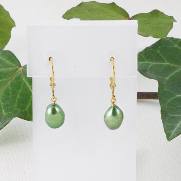 Sage Green Pearl Earrings, Sage Green Drop Earrings, Sage Green Bridesmaid Earrings, Sage Green Wedding Earrings, Baroque Freshwater Pearls