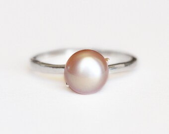 Pink Freshwater Pearl Ring: Sterling Silver Minimalist Solitaire