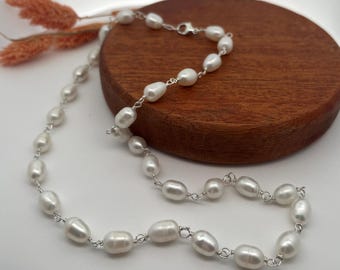 Baroque Freshwater Pearl Necklace: Sterling Silver Chain, Rosary Style