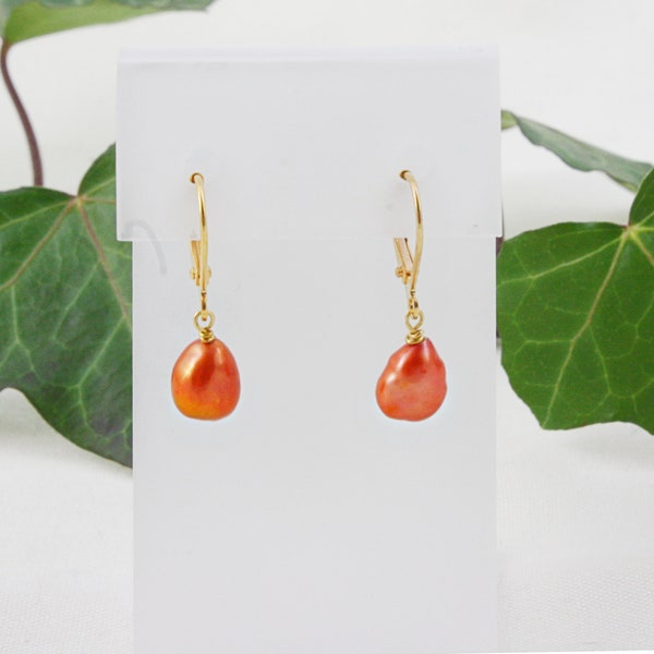 Orange Pearl Earrings, Orange Drop Earrings, Orange Bridesmaid Earrings, Orange Wedding Earrings, Orange Dangle Earrings, Freshwater Pearls