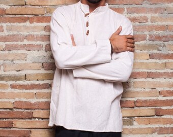 Camisa blanca de algodón Khadi de manga larga para hombre, kurta de algodón blanca, camisa hippie, camisa boho