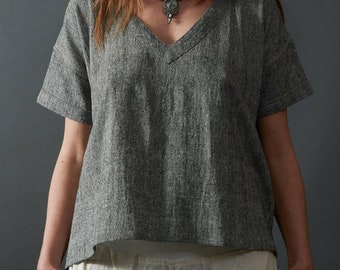 Shade•<< Loose Khadi Cotton Women V Neck Shirt,short Sleeve