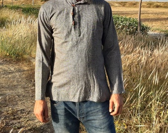 Men Khadi cotton Shirt with long sleeve, Men Khadi kurta, Hippie and boho shirt, primitive shirt