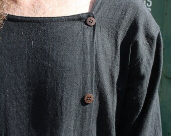 Camisa asimétrica de algodón Khadi para hombre con mangas largas y botones de coco, camisa de algodón negra, chaqueta de algodón para hombre, chaqueta ligera de algodón