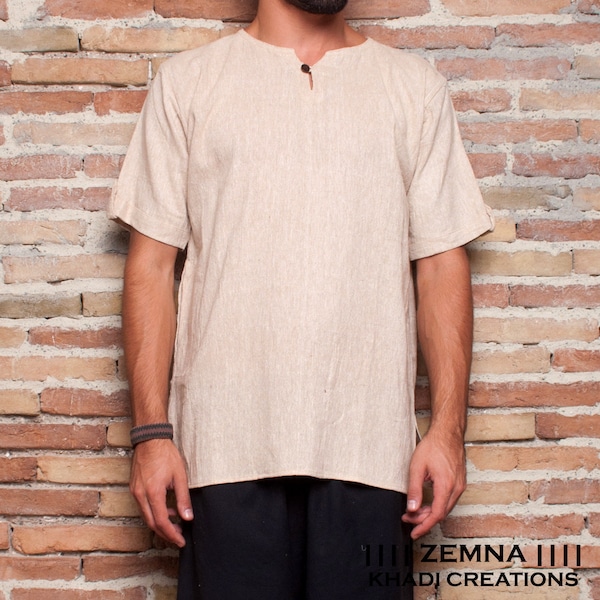 Men's Khadi Cotton Short Sleeve Kurta Shirt, Ethnic Hippie Top