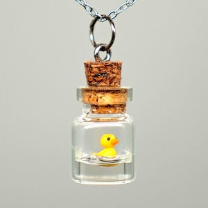 Mini Duck in Bottle Necklace – Tiny Glass Bottle Pendant – Handmade Polymer Clay Jewelry – Cute Miniature Duck Charm