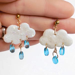 White Cloud + Blue Raindrop Polymer Clay Earrings – Lightweight Handmade Studs with Dangling Beads – Stainless Steel Posts
