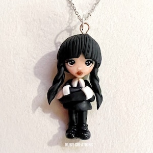Handmade Wednesday Necklace – Polymer Clay Doll Pendant – Miniature Sculpture Necklace – OOAK Wednesday Jewelry – Addams Inspired Gift