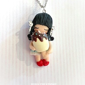 Ice Cream Doll Necklace – Handmade Polymer Clay Pendant – Cute Doll Jewelry – One of a Kind Sculpture – Fantasy Statement Necklace