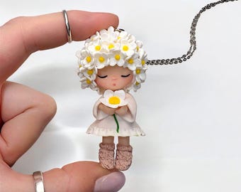 Custom Handmade Polymer Clay Flower Doll Necklace: Unique Floral Figurine