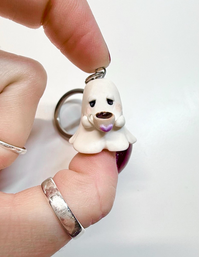 Grumpy Ghost Keychain: Handmade Polymer Clay Coffee Cup Charm - Etsy