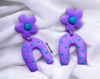 Cute purple earrings, Colorful earrings, Playful earrings, Flower horseshoe shaped earrings, Statement jewelry, Hypoallergenic