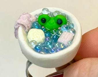 Frog in a Bubble Bath Ring: Handmade Polymer Clay Fun Jewelry