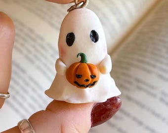 Polymer Clay Ghost Keychain – Handmade Pumpkin Charm, Spooky Halloween