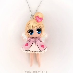 Chibi Angel Doll Necklace – Handmade Polymer Clay Necklace – Kawaii Anime Jewelry – Unique Art Doll – Cute Gift Idea