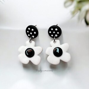 Black & White Flower Stud Earrings: Handmade Polymer Clay Jewelry