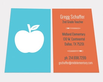 CUSTOM DIGITAL CARDS: Modern Apple School Teacher Fun Business Card, Substitute Calling Contact, Tutor, Educator, Printable, Download, Diy