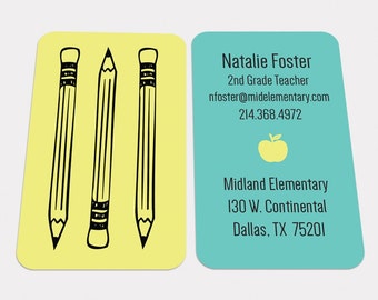 CUSTOM DIGITAL CARDS: Modern Pencil School Teacher Business Card, Fun Calling Contact, Tutor, Substitute, Educator, Printable, Download, Diy