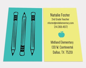 CUSTOM PRINTED CARDS: 100+ Full Color Modern Retro Pencil Teacher Business Card, Calling, Contact, School Instructor, Mommy, Tutor, Educator