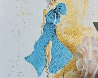A4 Blue Dress Fashion Illustration, Original Watercolour Painting, Christmas Gift, Christmas Present
