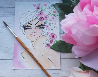 Fashion Illustration, Floral Painting,  Postcard, Fashion Drawing, Original Art