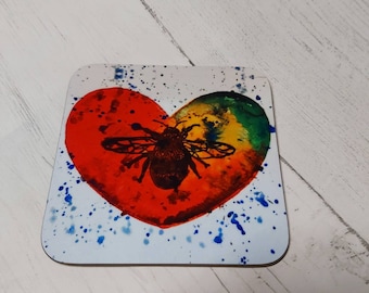 Bee Coaster, Wooden Bee Coaster, Manchester Bee, Rainbow, Manchester, Kitchen Homeware, Bee Splatter