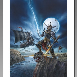 May include: A fantasy illustration of a horned warrior holding a lightning bolt, standing on a rock with a wolf-like creature at his feet. A Viking ship sails in the background under a full moon.
