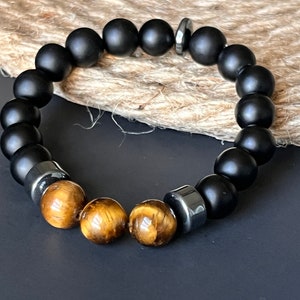Bracciale con perline di occhio di tigre giallo e onice nero - Uomo, donna, genere neutro, unisex