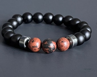 Earth-tone Gemstones with Black Onyx Beaded Bracelet - Gender Neutral, Unisex, Men's, Women's