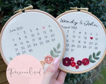 Custom Wedding Calendar Hand Embroidery, Wedding Gift, Cotton Anniversary Gift, Personalised Wedding Date Keepsake, Couple Date Gift Decor