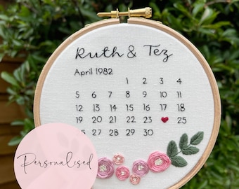 Custom Wedding Calendar Hand Embroidery, Wedding Gift, Cotton Anniversary Gift, Personalised Wedding Date Keepsake, Date Gift Decor, Couple