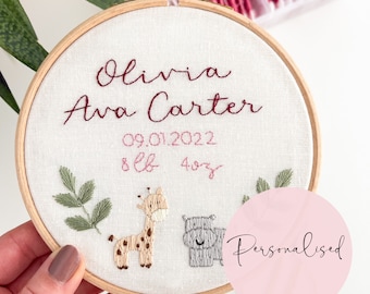 Baby Personalised Embroidery Hoop, Child Gift,Nursery Decor, Hand Embroidery, Custom Gift, Animal Decor, Birth Date, Birth Announcement Sign