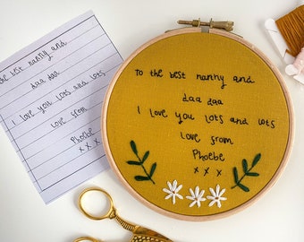 Custom Handwriting Embroidery Hoop, Personalised Mother’s Day Gift, Embroidered Drawing, Grandparent Gift, Memory Gift, Handwritten Message