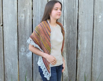 Crochet shawl in fall colors, woolen triangle shawl with lace edge, warm tunisian crocheted shoulder wrap for evening wear, reclaimed wool