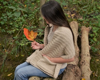 Crochet pocket shawl scarf made of recycled polyester, hand knit rectangle shawl with pockets, book lover blanket scarf eco friendly