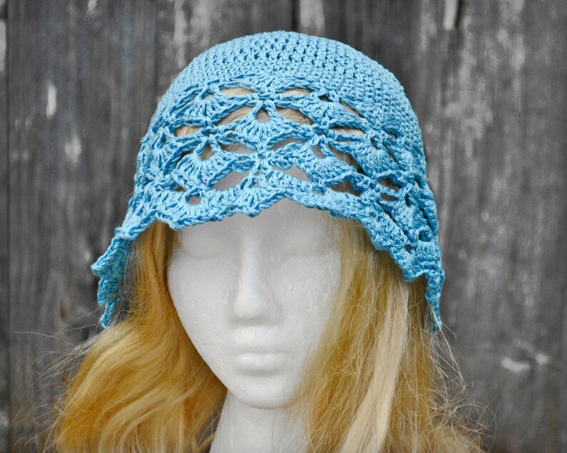 crochet summer hat Ladies summer hat crocheted sunhat womens crochet hat cotton sun hat adult sun hat light blue summer cloche hat