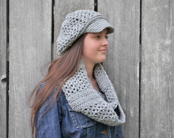 Grey Newsboy cap and infinity scarf set, crocheted winter hat and scarf set for men or women, reclaimed wool slouchy hat with brim hand knit
