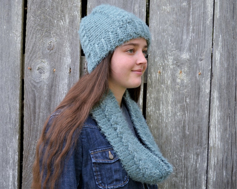 hygge hat soft hat set crochet cabled hat crocheted cable hat and cowl set Blue hat and cowl crochet hat scarf