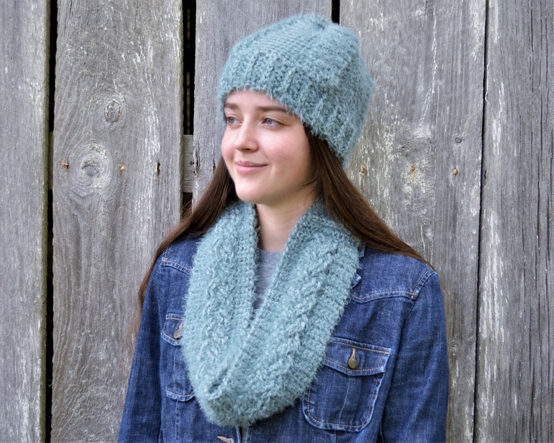 hygge hat soft hat set crochet cabled hat crocheted cable hat and cowl set Blue hat and cowl crochet hat scarf