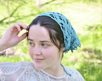 Crochet kerchief or headscarf for women, lace bamboo and cotton head covering, boho teal hair scarf,