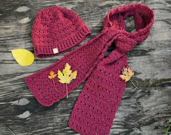 Recycled wool beanie hat and scarf set for women, crocheted winter hat and long scarf in raspberry red, hand knit slouch hat eco friendly