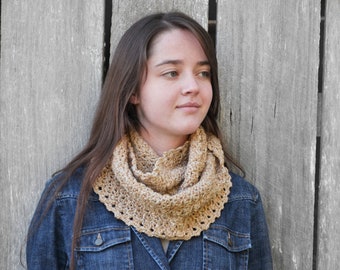 Crochet cowl scarf for woman, wool cowl or loop scarf in caramel brown, crochet infinity scarf