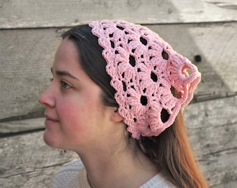 Crochet bandana or peasant head scarf for women, blush pink triangle headscarf made with recycled cotton, boho or cottagecore hair scarf