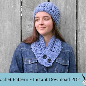 Crochet Pattern for hat and cowl, pdf pattern download to make a beanie hat and buttoned cowl or short scarf