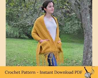 Crochet Pocket Shawl Pattern: Easy Scarf with Pockets (PDF Pattern instant download)